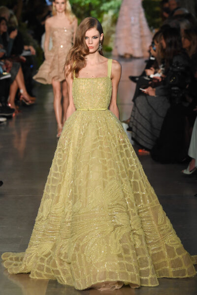 Elie Saab Spring 2015 Couture。艾莉·萨博2015春夏巴黎高级定制时装周在一片片绿色植被花丛中拉开帷幕。本季，以“忧伤的挽歌”向家乡贝鲁特致敬，Elie Saab以“花”为主题，重笔墨于轻盈的流苏与立体花朵装饰之上…