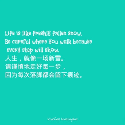 Life is like freshly fallen snow. Be careful where you walk because every step will show. 人生，就像一场新雪。请谨慎地走好每一步，因为每次落脚都会留下痕迹。