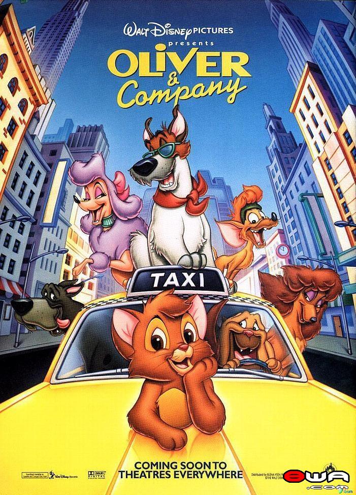 奥丽华历险记 Oliver &amp;amp; Company (1988)《奥丽华历险记》的故事是改编自狄更斯的名著《远大前程》，不过迪士尼却把主角改成一只橙色的小猫咪Oliver，场景也由雾都伦敦搬到五光十色的纽约大都会，剧情则是叙述Oliver与它的一干狗朋友们，还有女孩Janny之间患难见真情的故事。