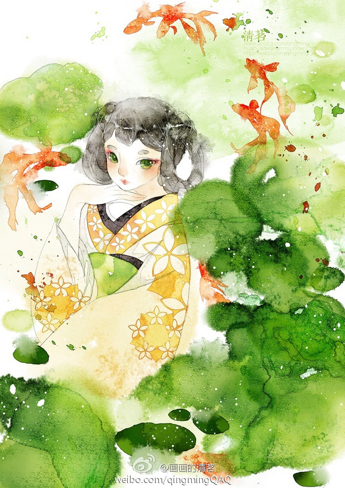 原创 清新 水彩 少女 古风 插画 【画师：清茗】