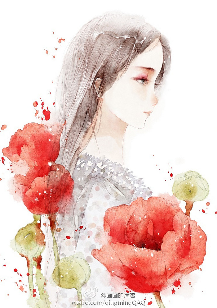 原创 清新 水彩 少女 插画 【画师：清茗】