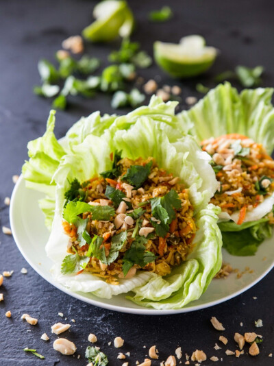 Cauliflower Rice Lettuce Cups with Sriracha Peanut Sauce