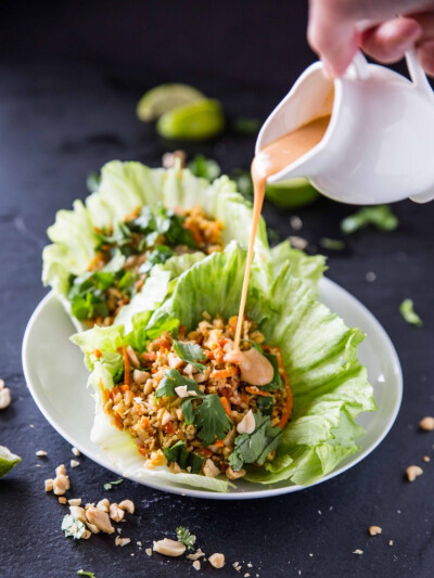 Cauliflower Rice Lettuce Cups with Sriracha Peanut Sauce