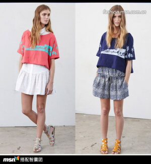 　　品牌：Thakoon Addition  　　宽松Ｔ恤配运动感短裙也是经典的运动搭配风格之一，略短的Ｔ恤能够露出腰线，拉长腿部比例，宽松的短裙运动清凉，活动自如，搭配同样清凉的凉鞋出街非常清新，只是这样的搭配对腿部线条的要求比较高，不够纤细的话别人或许不会想到你是在做运动搭配，而是会认为你本人就是运动员吧。