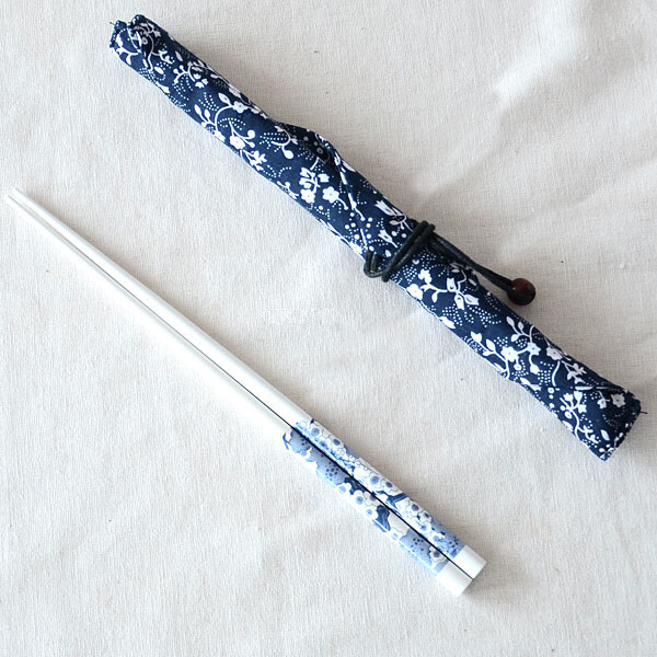 环保筷子+和风布袋 便携式筷子套餐具装 日本漆器竹筷木筷 藏青色