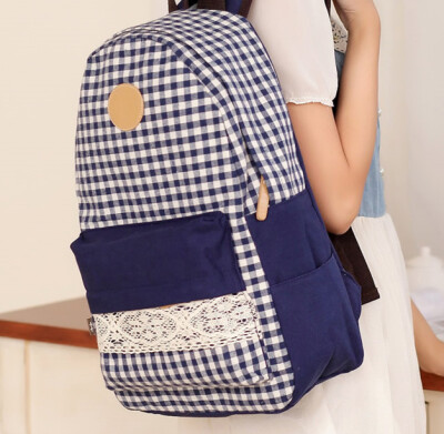 蕾丝格子帆布双肩包大学生中学生女生书包韩版休闲背包14寸电脑包