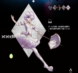 Doll/ドールCV：高垣彩阳戴着白蔷薇假发的马戏团公主，负责走绳索。年纪是一军中最小的。在马戏团时和夏尔是室友，真心把夏尔当朋友。