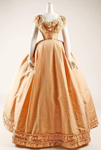 Peach silk dress with evening bodice, French, ca. 1864. Labels: &amp;quot;Mme. Cuper, Rue St. Honoré&amp;quot; and &amp;quot;Walker S. Poor, Ridgefield, Conn., 2/27/45&amp;quot;