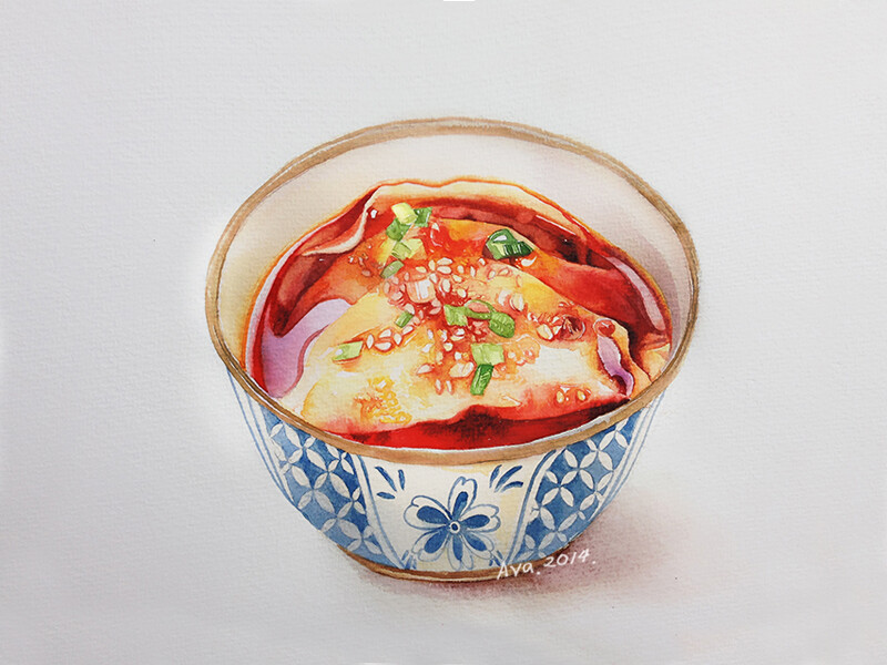 大瞿ava水彩甜品插画美食水彩插画-川菜系列.钟水饺