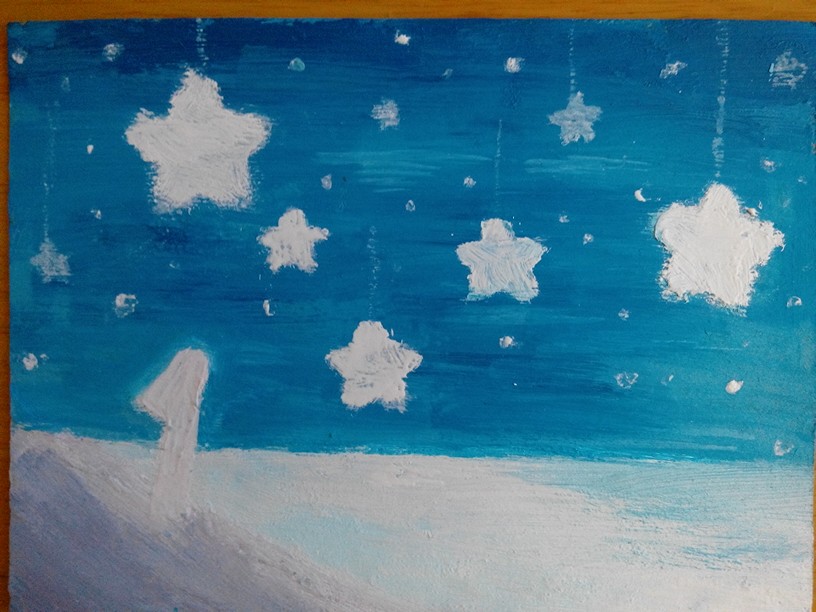 蓝色 星星 手绘水粉明信片 海边 女孩