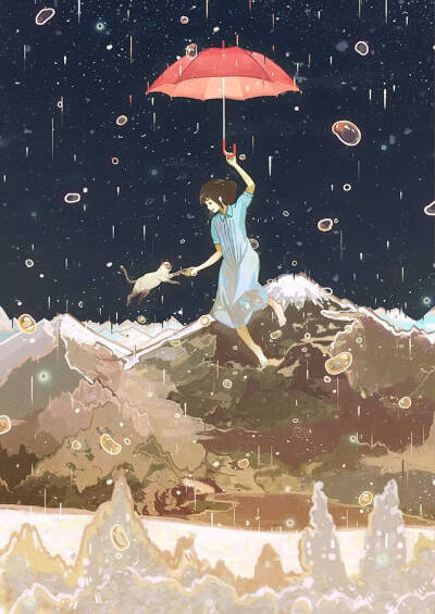 吊在空中的女孩与她的小伙伴 雨伞与女孩与猫 酷酷的 壁纸