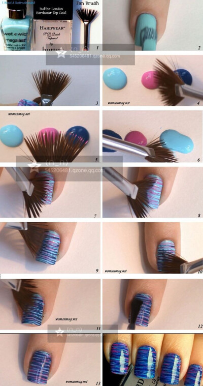 【多色条纹美甲】这是一个聪明的方法，利用毛刷的缝隙在指甲上画出条纹形状，多色参差一起会有很强烈的色觉效果，步骤图中所示。