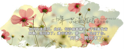 “言希。”他淡淡打量她，黑眸黑发，唇畔生花。“温衡。”她笑了，眉目清澈，言语无害，想起了戏里思春的小姐丫头们最爱说的一句话：“公子姓甚名谁，芳龄几何，家住哪里，可曾婚配？