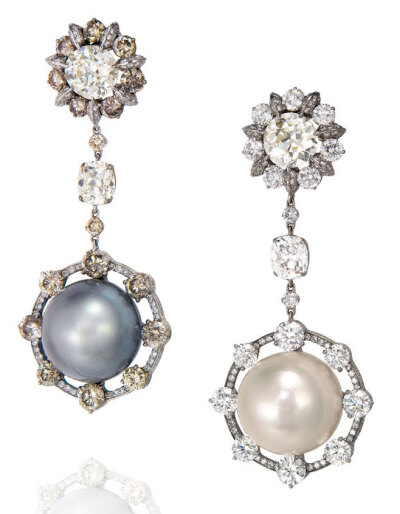 A pair of natural pearl and diamond ear pendants, by Wallace Chan. Estimate: HK$2,800,000-3,800,000. US$350,000-550,000. © Christie’s Images Limited 2012. Price achieved HK$4,340,000 ($561,870)