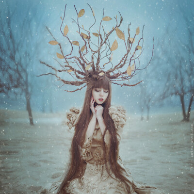 坠入童话的梦境。作者：Anita Anti 冬季初雪 长发欧美森林系女生头像 头顶长满枯萎树枝的精灵