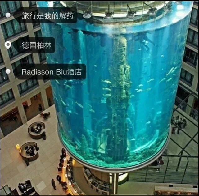 位于德国柏林的Radisson Blu酒店，拥有全世界最大的圆柱形水族箱，也是世界上最漂亮、梦幻的酒店。在这里留宿的旅客可以在酒店走廊甚至房间里就可以看到AquaDom中的热带鱼，一百万升的鱼缸和1500多条热带鱼