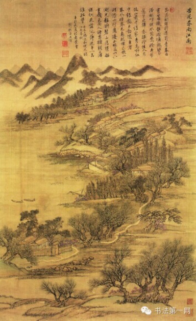 杏花春雨江南》图中山峦层叠，树木青翠，烟雾环绕，村舍屋宇错落，湖面上渔船水鸭泛波。一派雨后春光明媚的江南景致。作者：王晕，清初画家。