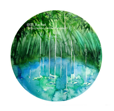 水彩手绘作品，四季印象之竹林听雨