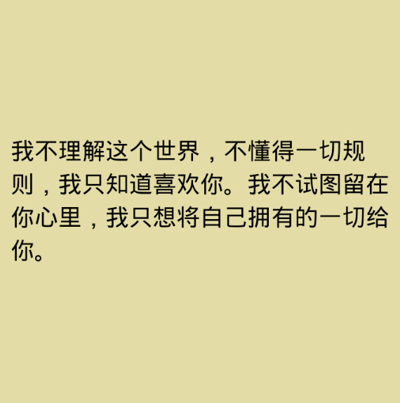 我不理解这个世界，不懂得一切规则，我只知道喜欢你。我不试图留在你心里，我只想将自己拥有的一切给你。