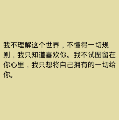 我不理解這個(gè)世界，不懂得一切規(guī)則，我只知道喜歡你。我不試圖留在你心里，我只想將自己擁有的一切給你。