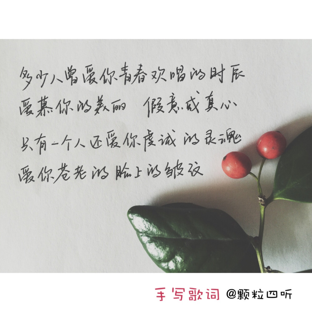  #手写歌词#2015春晚女神之声，“当我们老了，走不动了，炉火旁打盹，回忆青春”也是一种幸福。但愿老的只是容颜，而不是思想；但愿老的时候我们还能从容地数一数脸上的皱纹！ 当你老了—莫文蔚