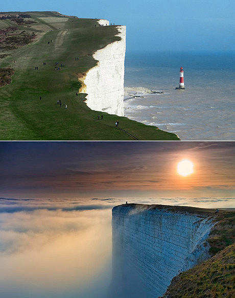 英国英吉利海峡比奇角的多佛(dover)白崖】崖壁平整有如人工开凿，延绵5公里，雄伟壮观。这些形似南极冰山的悬崖，由细小的海洋生物以每年0.015毫米的速度持续了1600万年沉积而成，感叹大自然的鬼斧神工.