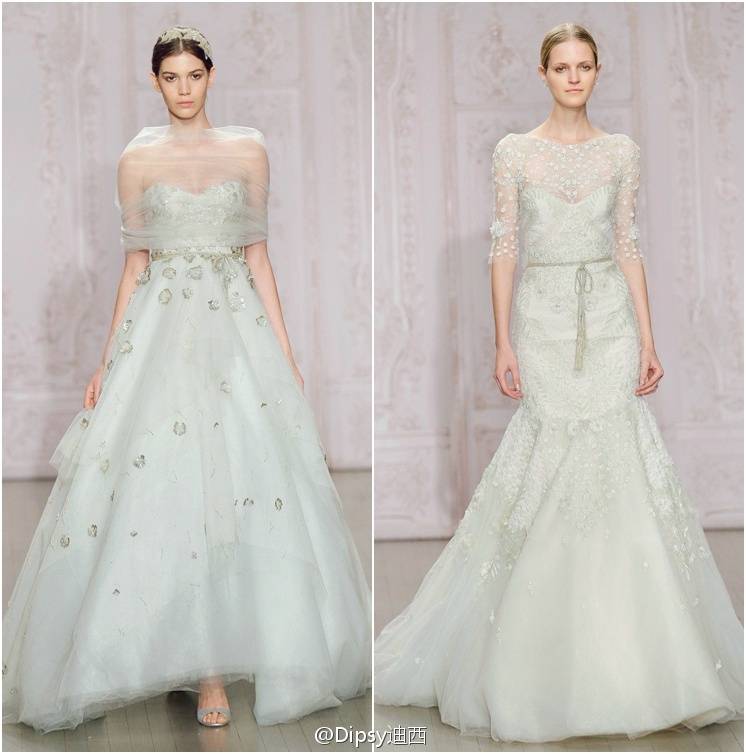 Monique Lhuillier Fall 2015 婚纱系列┃灵感来自芭蕾女伶的绮丽珠宝盒，设计师形容那些梦幻的色彩正是特别用桃花,薰衣草以及薄荷叶来为新娘而编织的仙女梦..... 转自微博