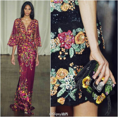 Marchesa S/S 2015┃此番正值仙裙品牌十周岁生日，从纽约移师仙梦伊始的老家伦敦，以梦为针以花为线，钩织出来轻盈飘渺的浪漫花仙也是让人醉了....转自微博