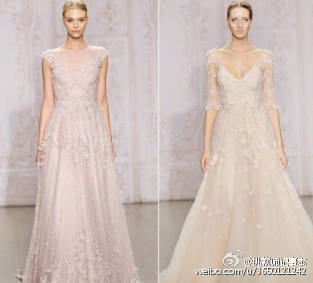Monique Lhuillier Fall 2015 婚纱系列，设计师形容那些梦幻的色彩正是特别用桃花,薰衣草以及薄荷叶来为新娘而编织的仙女梦