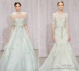 Monique Lhuillier Fall 2015 婚纱系列，设计师形容那些梦幻的色彩正是特别用桃花,薰衣草以及薄荷叶来为新娘而编织的仙女梦