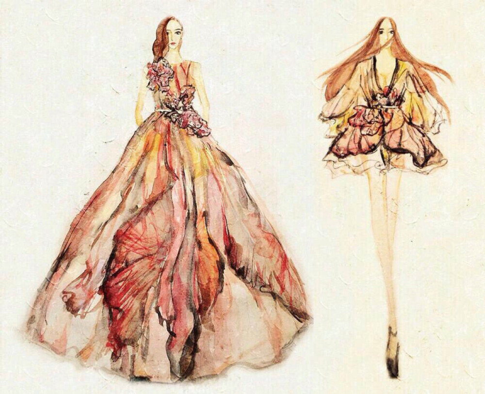 【时装手绘】时装设计手稿 素材 手绘 Elie Saab SS couture 2015 via：-橙皮）