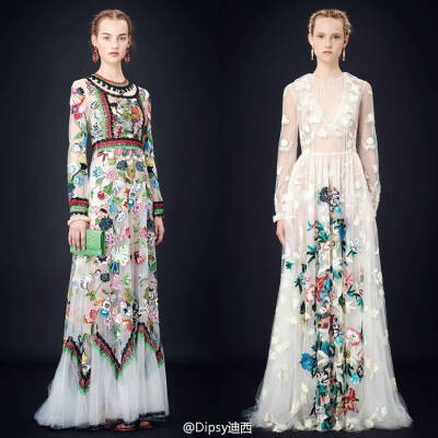 Valentino Resort 2015┃相比别家将早春过渡系列用上季边角料的草草敷衍，专注仙裙几十年的Valentino 将刺绣工艺化作油彩画笔，将五光十色的丛林繁花,植被鸟语描绘于衣裙薄纱或蕾丝之上，尽是别具一格的古典浪漫....…