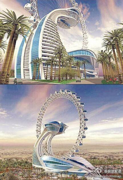 【迪拜的钻戒旅馆】这个设计可以说是疯狂透顶，“钻戒”上的每一个“钻石”都是一个房间，只有当房间转动到与主体建筑的连接点的时候，客人们才可以入住。这样具有疯狂美感的钻戒旅馆，难道它的设计理念来源于幸福摩…
