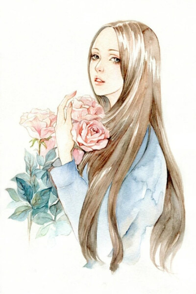 披肩长发，娇婉如花。