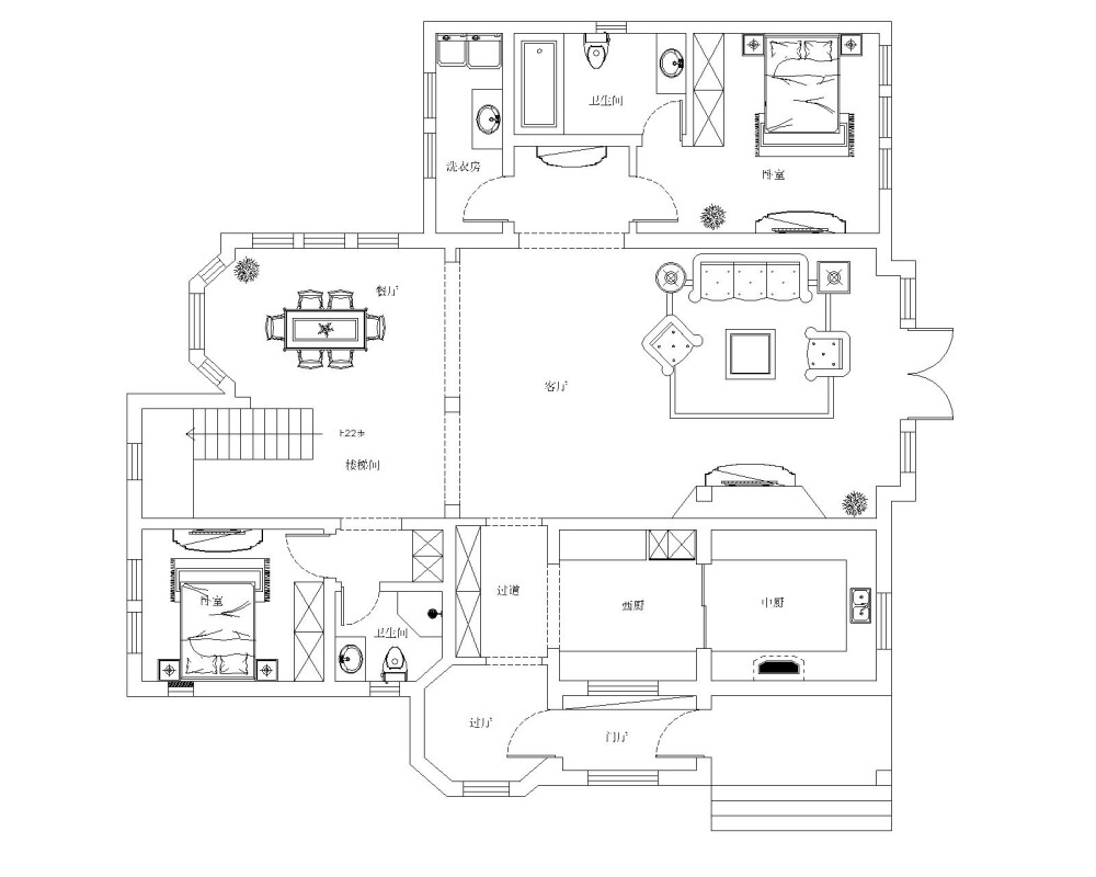 房屋一层主要是公共活动区域，餐厅、客厅分布。与此同时，业主还是一对好客之人，专门为到访的客人准备的两间客卧，一应设施舒适完善。