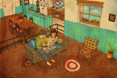 韩国插画家puuung1(퍼엉)将自己与爱人的生活工作画面用画笔记录下来,张张画面充满了温情让人感动。幸福就是这个样子