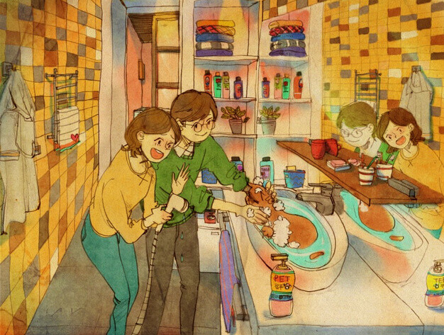 韩国插画家puuung1(퍼엉)将自己与爱人的生活工作画面用画笔记录下来,张张画面充满了温情让人感动。幸福就是这个样子