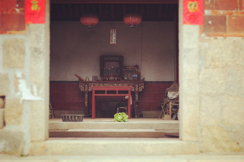 小嶝岛古厝里的场景，地上放着的是主人刚从前门菜园子里取上来的生菜。为了招待我进去，顺手放在堂内。