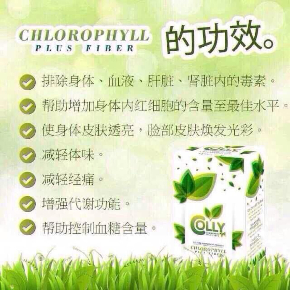 Colly绿叶素。一盒15袋装。 Colly叶绿素三种主要成分 1、Inulin菊粉，主要功效控制血脂、降低血糖、促进体内矿物质的吸收、增加肠道益生菌、防便秘及治疗肥胖症膳食纤维减少食物在胃肠的停留时间。 2、sodium copper chlorophyllin（叶绿素铜钠盐）是将提取的叶绿素，经过皂化、铜化等反应，并经过精制而成，呈墨绿色粉末，色泽亮丽，其水溶液呈蓝绿色澄清透明液。 3、Green tea extract（绿茶提取物）独有的绿茶提取物使colly叶绿素冲泡后的味道更清淡 接近于绿茶味道，味道更加爽口！ ¥128.00 运费: ¥10.00