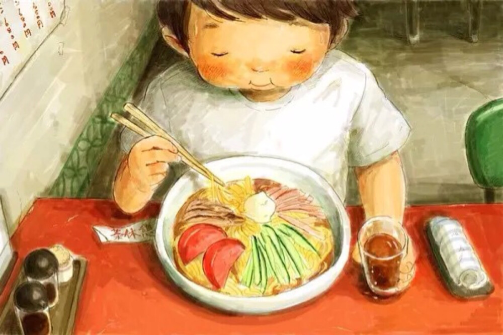 来自日本插画家木村いこ的作品，以儿童的视角记录下每一个食物瞬间，窝在沙发里喝的一碗汤，坐在阳台上吃的一份便当，放学路上捧着的一个烤红薯……熟悉的场景，熟悉的人，温柔的色调与笔触绘出一抹动人的记忆，仿佛就像是走入回忆的时光，探寻初尝美食感动的滋味。