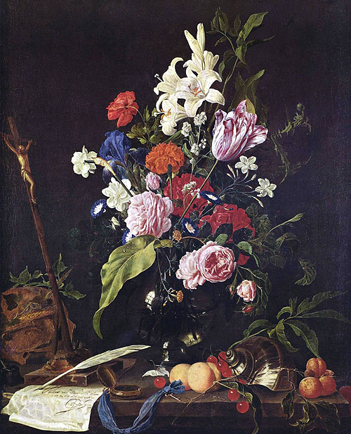 帶十字架的花卉 Flower Still-life with Crucifix and Skull（来自荷兰画家黑姆 Heem Jan Davidsz de）