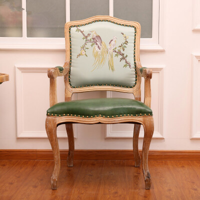 橡树庄园 法式新古典实木椅子摆件 时尚靠背真皮扶手椅餐椅摆设