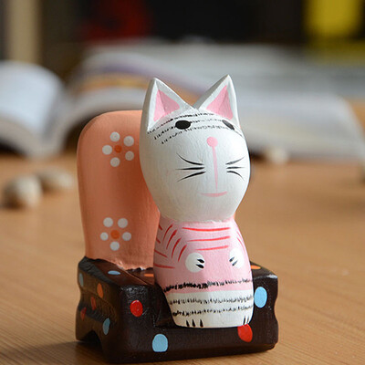 Zakka杂货原木雕刻彩绘小猫坐沙发摆件 复古田园创意家居饰品礼品