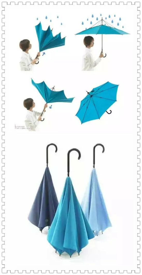 #创意雨伞设计# 日本设计师梶本博司为 h concept设计的这把「UnBRELLA」伞构思数十年，这把伞的伞盖是倒立的，收起时伞尖朝下，打开时伞骨朝上露在外面。把伞收起后，湿的一面会朝里，并且可以靠伞骨直立在地面上，不仅不会把衣服弄湿，还可以挂在钩子上。