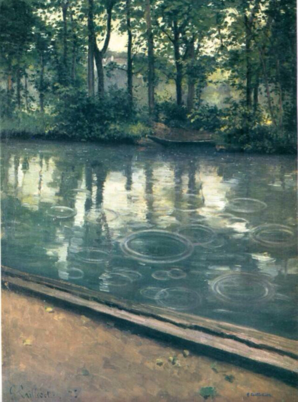  图为19世纪法国印象主义画家古斯塔夫·卡耶博特（1848-1894）的作品《耶尔河的雨》。“这时候我注视着眼前的雨水，心里想着，下吧、下吧，随便你下到哪一天，大地要再度绚丽光彩起来，经过了无尽的雨水之后”（三毛《雨季不再来》）。