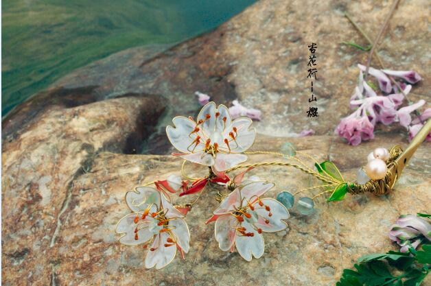 山樱，樱桃花发簪，水晶花造花液