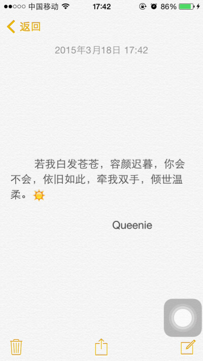 备忘录文字 若我白发苍苍，容颜迟暮，你会不会，依旧如此，牵我双手，倾世温柔。