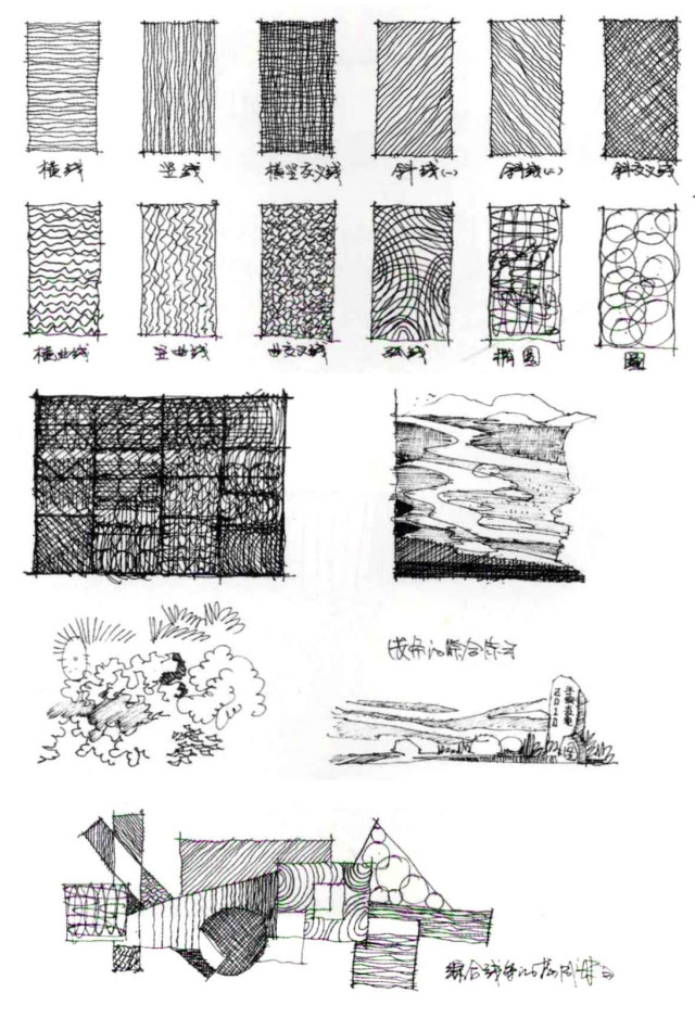 【来自空间侵删】二、线的练习 掌握好手绘表现的很重要的一点就是线条的练习。在练习时，手要自然放松平和均匀，流畅，线与线之间，要适当交接。线条的练习需要坚持才能达到好的效果，不同线条的练习主要包括对直线( 横直线、竖直线、斜直线)、曲线( 横曲线、竖曲线、斜曲线)、弧线、椭圆、正圆、不规则线、长线、短线、快线、慢线的练习，再就是不同线条的组合训练。