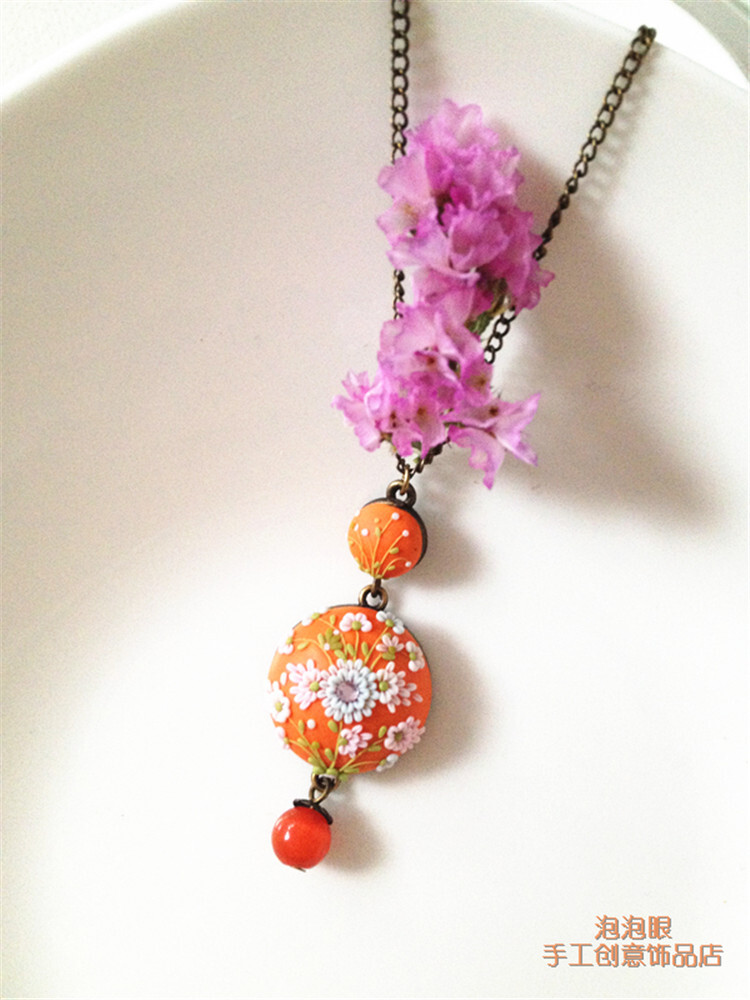 软陶首饰diy 纯手工制作创意吊坠 项链 文艺复古小花朵 毛衣链 http