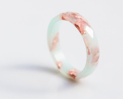 Pastel Mint Resin Ring Rose Gold Flakes Small Faceted Ring OOAK pastel mint peach minimalist jewelry